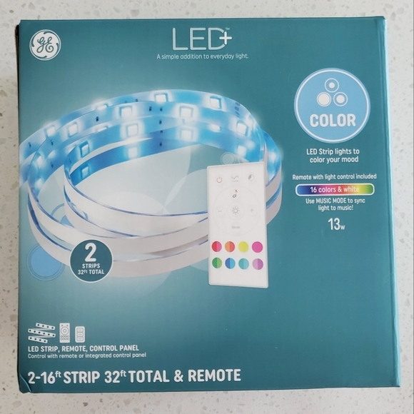 GE LED Light Strips, Remote, Color + White, 32 tf, Trimmable, Sync to Music, New - Picture 2 of 14